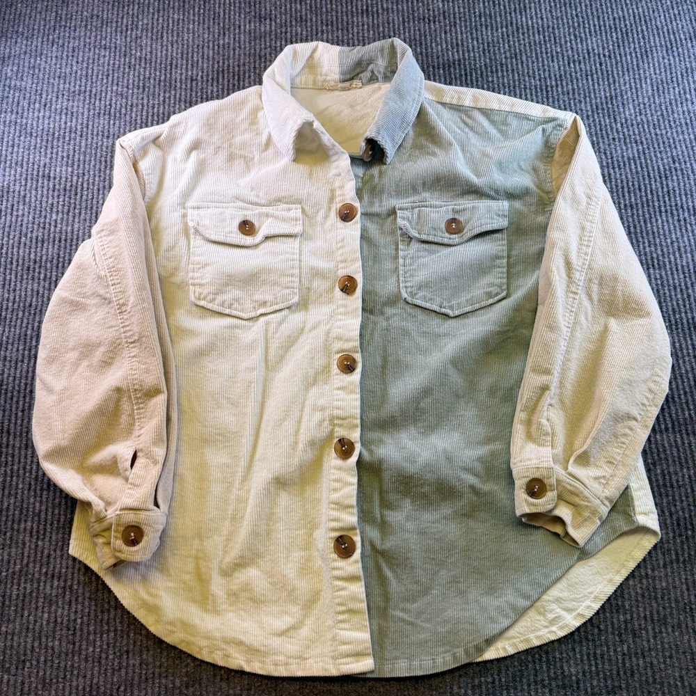 ILLA Womens Small Corduroy Shacket Color Block Green Ivory Button Front S